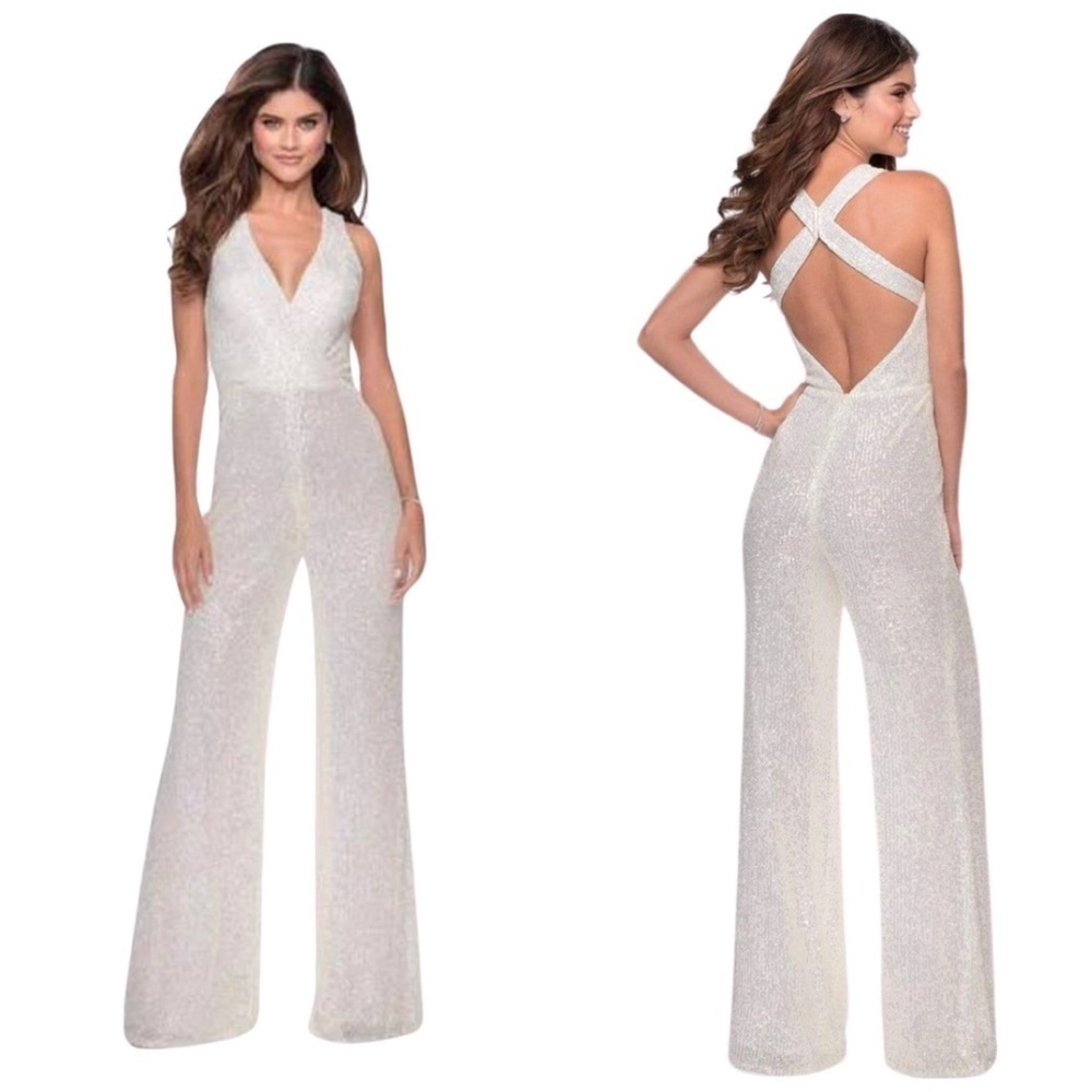 La Femme White Sequin Jumpsuit SZ 6 $418 NWT